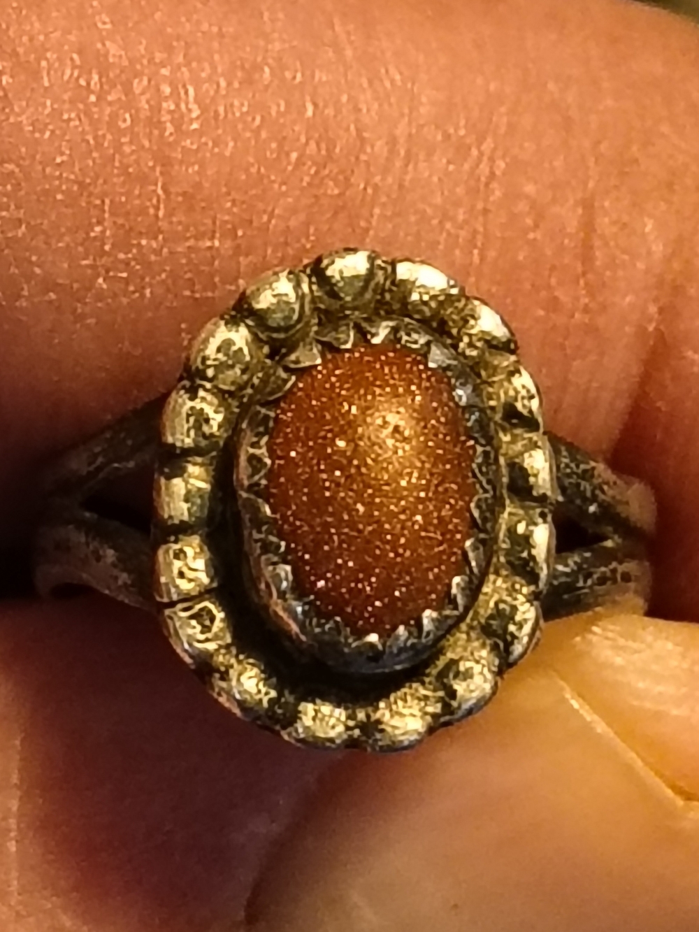 Vintage Native American Sterling Silver & Goldstone Halo Ring Size 4.5 Unsigned
